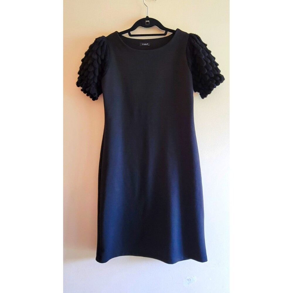 SABRA Black Solid Shift Knee-Length Dress Round Neck Textured Puff Sleeve S
